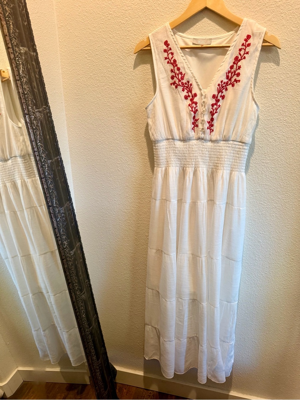 White Sleeveless Maxi Dress with Red Embroidery LP Beach Wedding Vacation